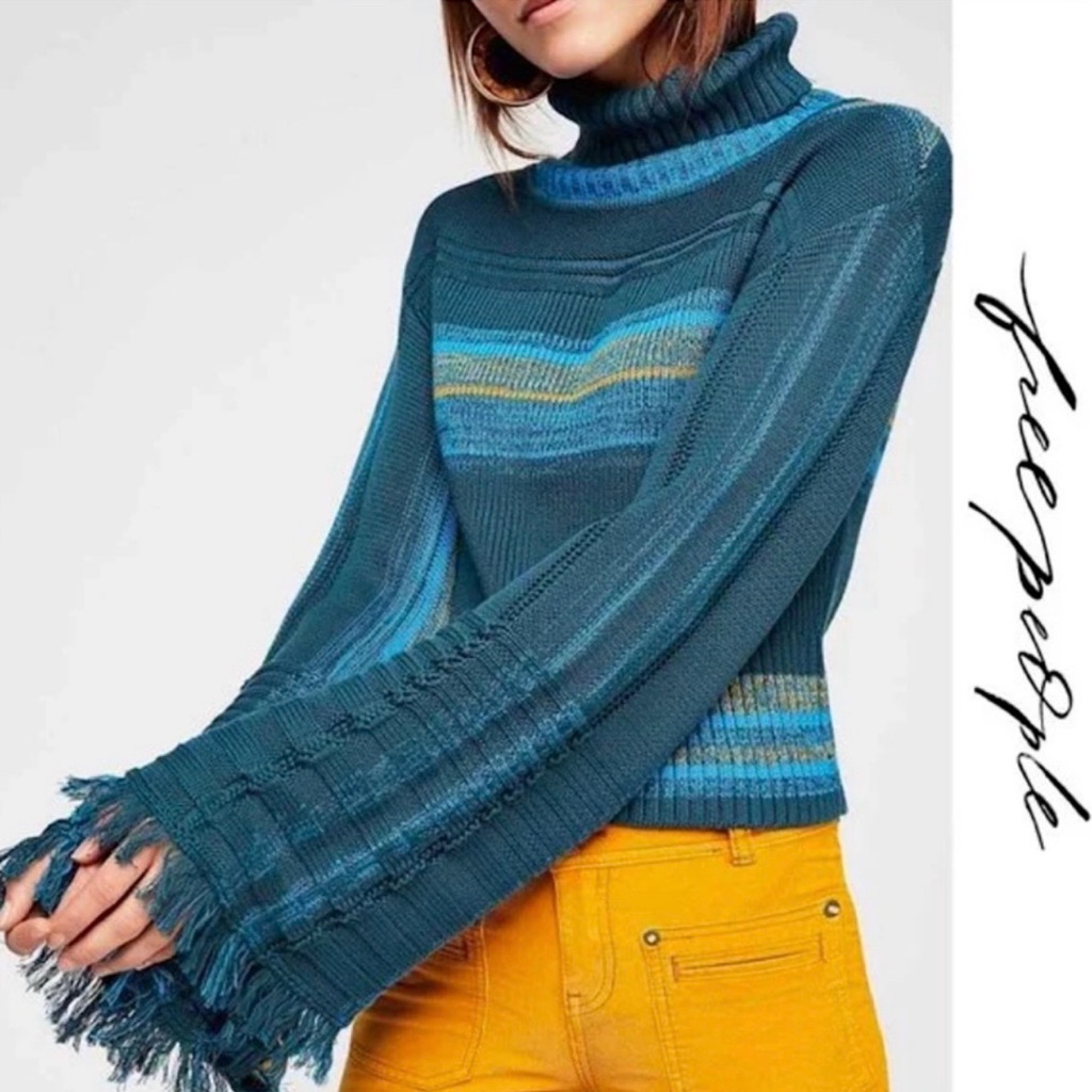 Free People Close To Me Knit Turquoise And Navy Striped Turtleneck Sweater
